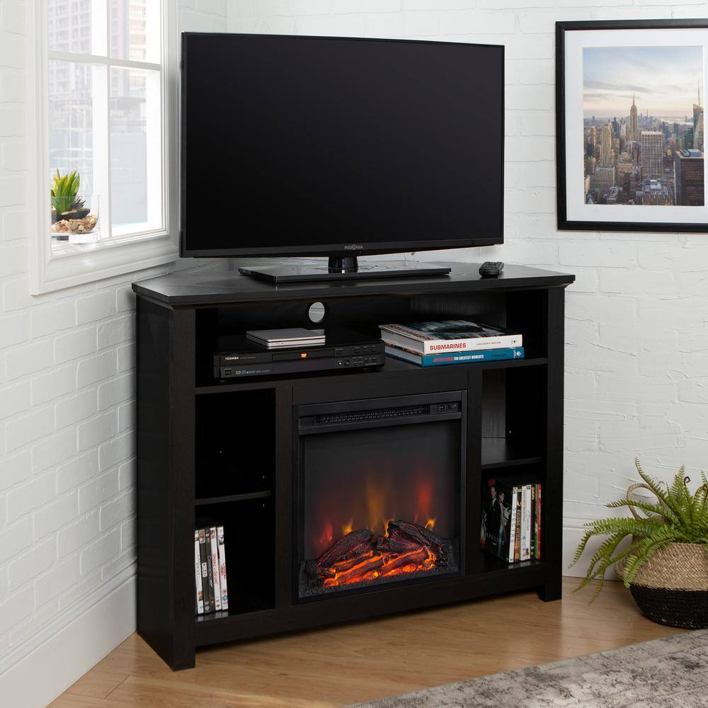 Walker Edison Furniture Company Highboy 44 in. Black MDF Corner TV Stand 48 in. with Electric Fireplace HD44FPHBCBL