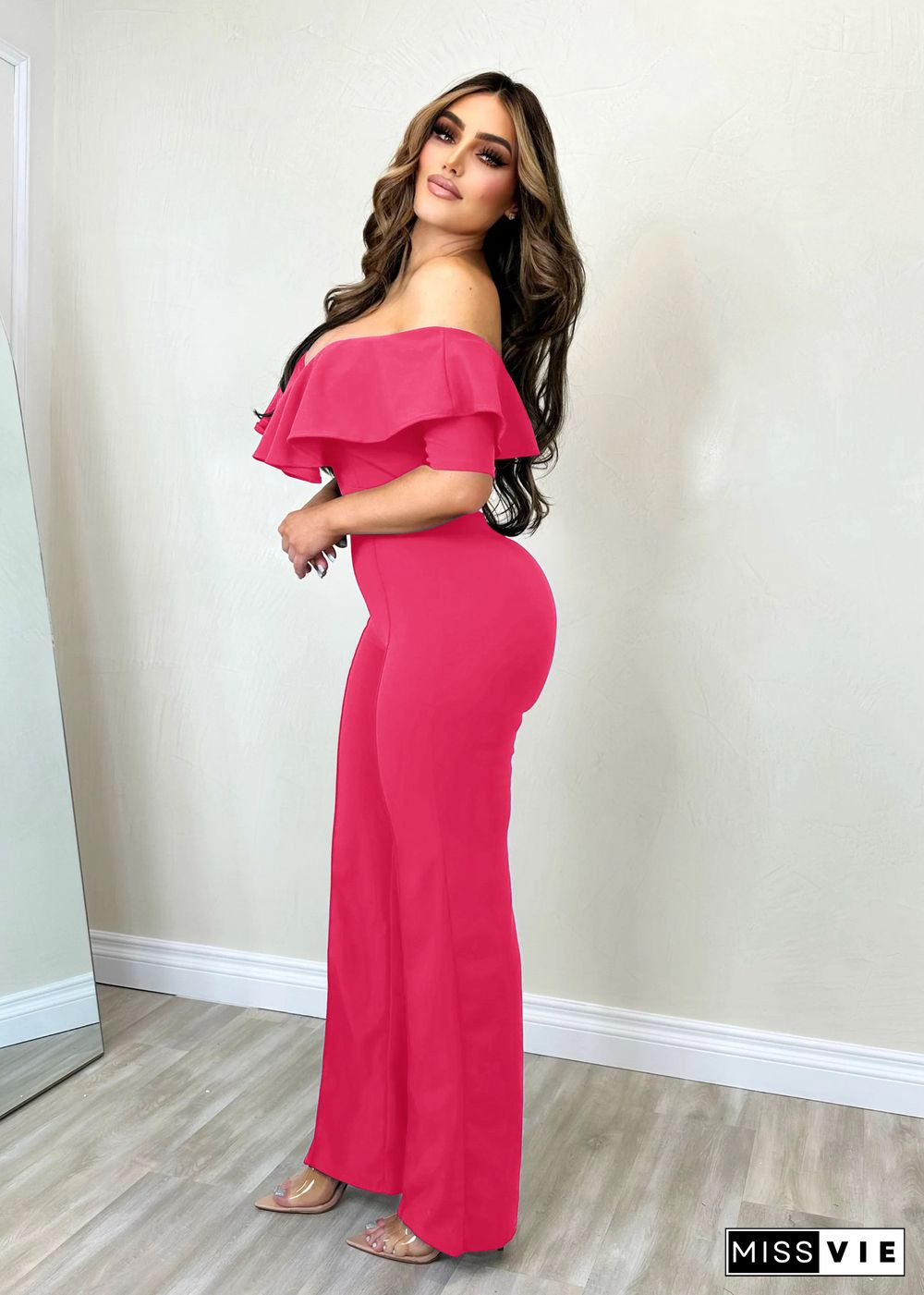 Elegant Solid Ruffle Slash Neck One Piece Jumpsuit