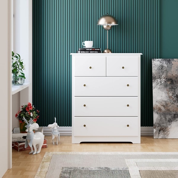 5 Drawer Dresser， Wood Dresser Chest with Wide Storage Space， Modern Storage Cabinet Tall Nightstand - as picture - - 37668877