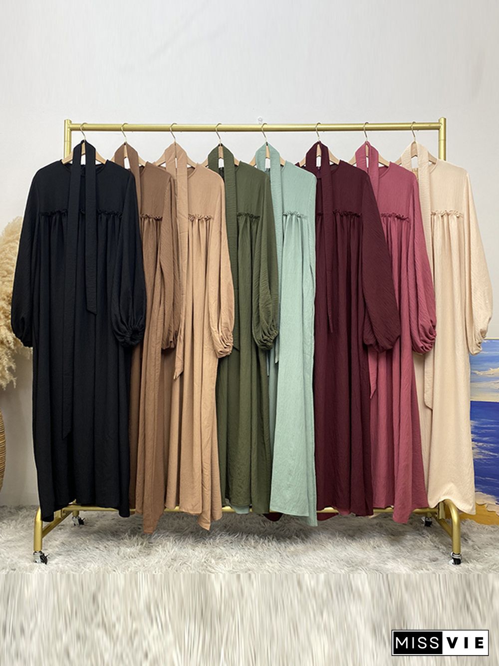 Bishop Sleeve Long Sleeves Elasticity Muslim Pleated Solid Color Split-Joint Tied Waist Round-Neck Maxi Dresses