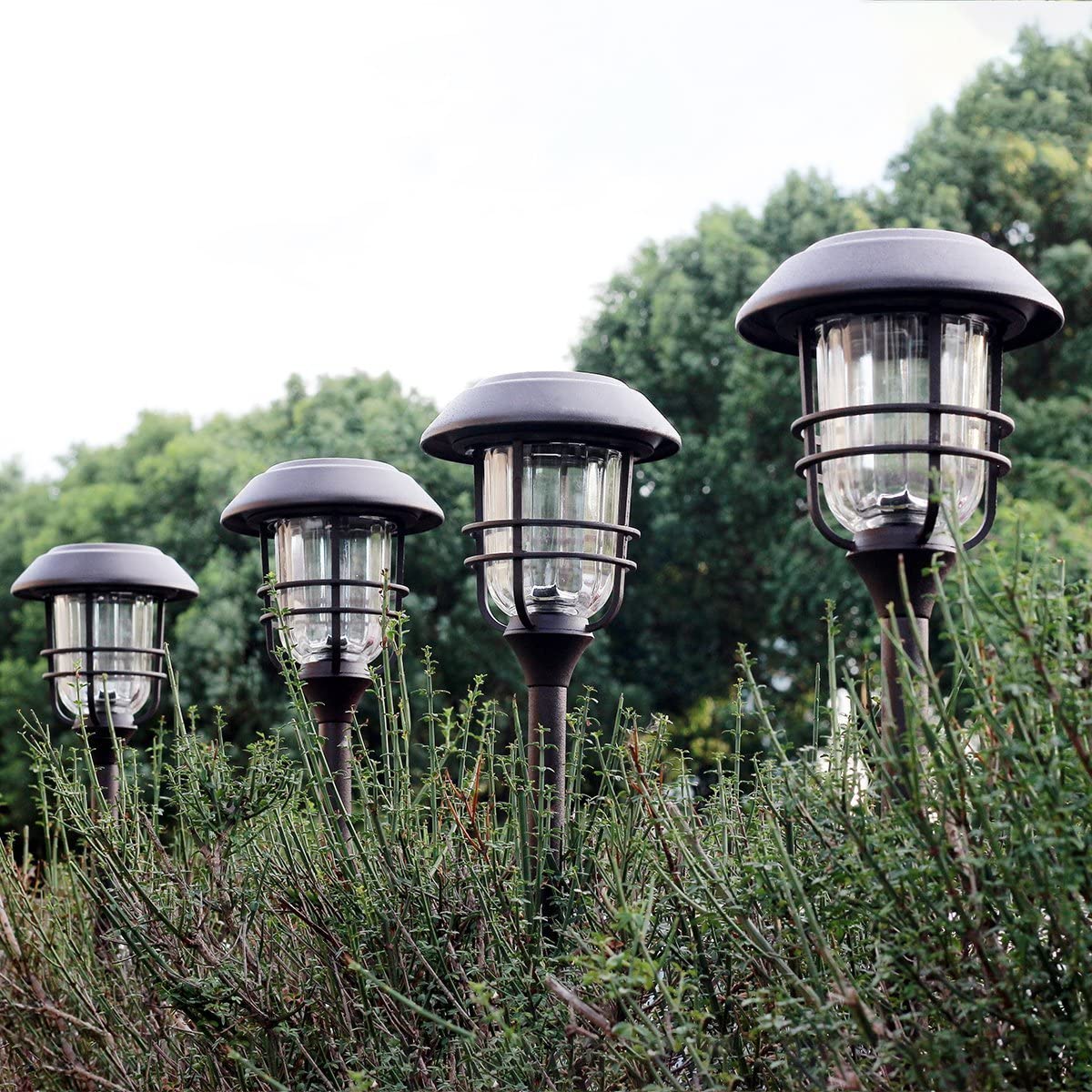 GIGALUMI 4 Pack Outdoor Solar Lights， Glass and Powder Coated Cast Aluminum Metal Path Lights， High Lumen Output per LED， Easy No Wire Installation