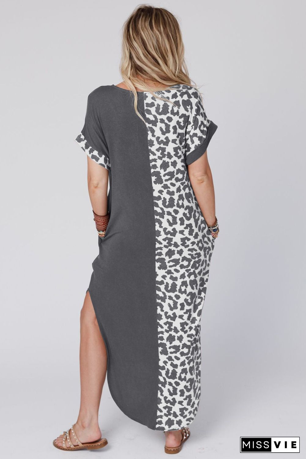 Gray Contrast Solid Leopard Short Sleeve T-shirt Dress with Slits