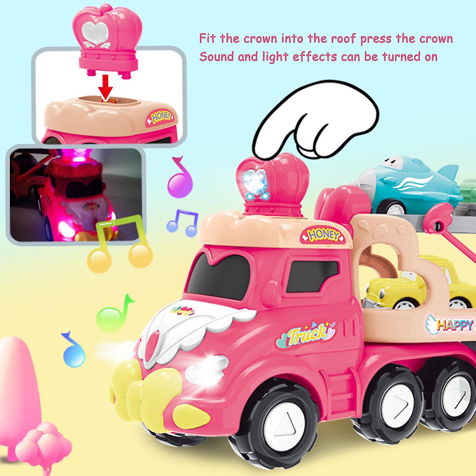 5 In 1 Transport Toy Trucks For Toddlers With Lights Music Pink Princess Car Toys