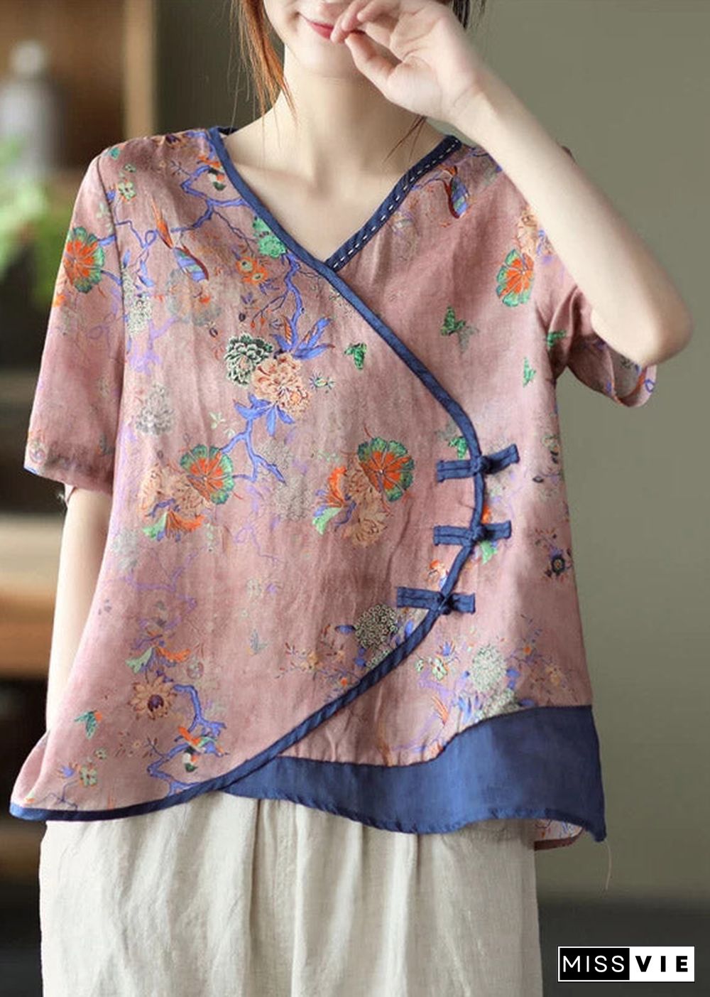 Vintage Pink V Neck Print Button Patchwork Blouse Tops Short Sleeve