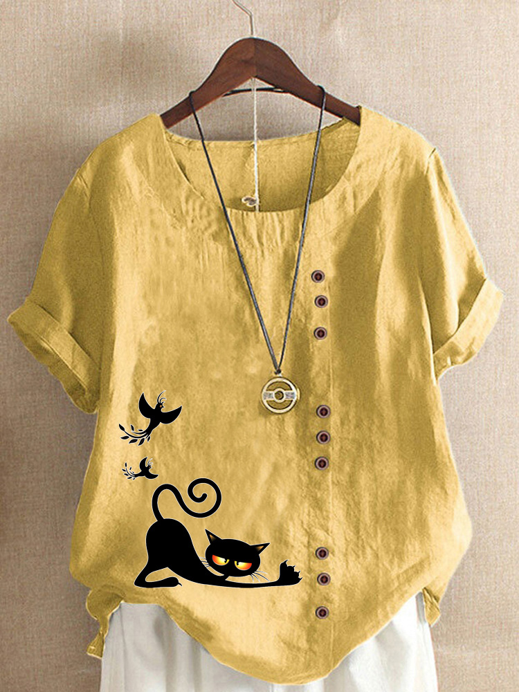 Round Neck Casual Loose Cat Print Short Sleeve Blouse