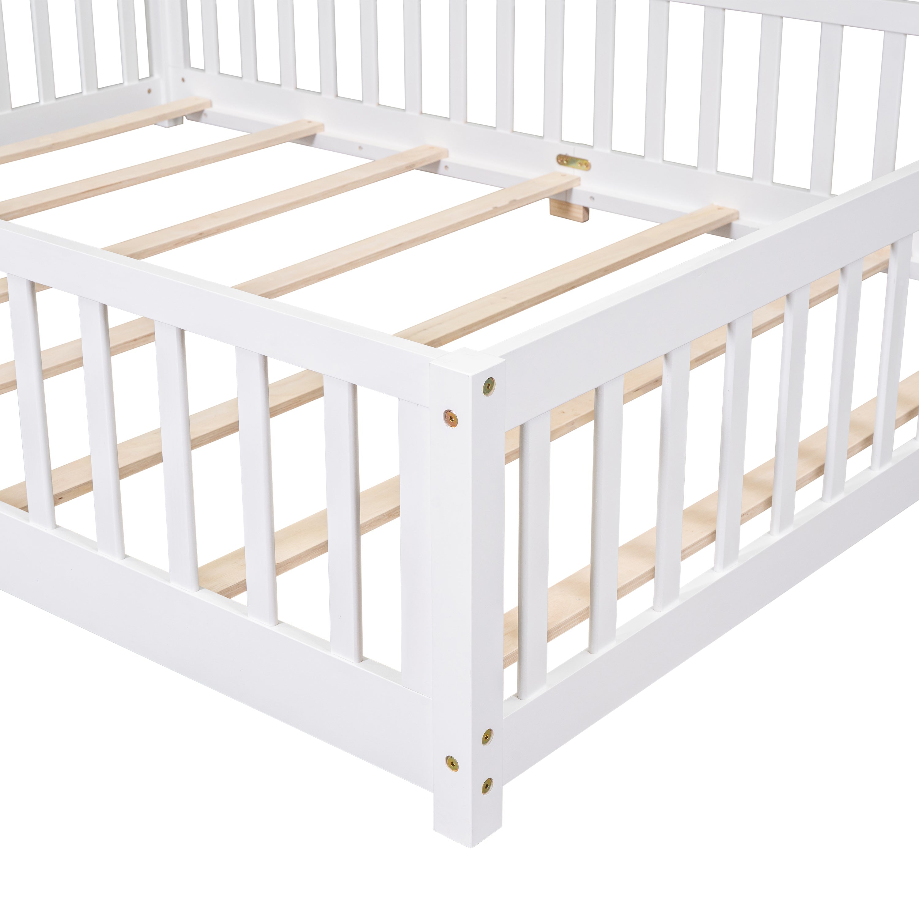 uhomepro Queen Size Wood Floor Bed Frame with Fence and Door for Kids, Toddlers, White