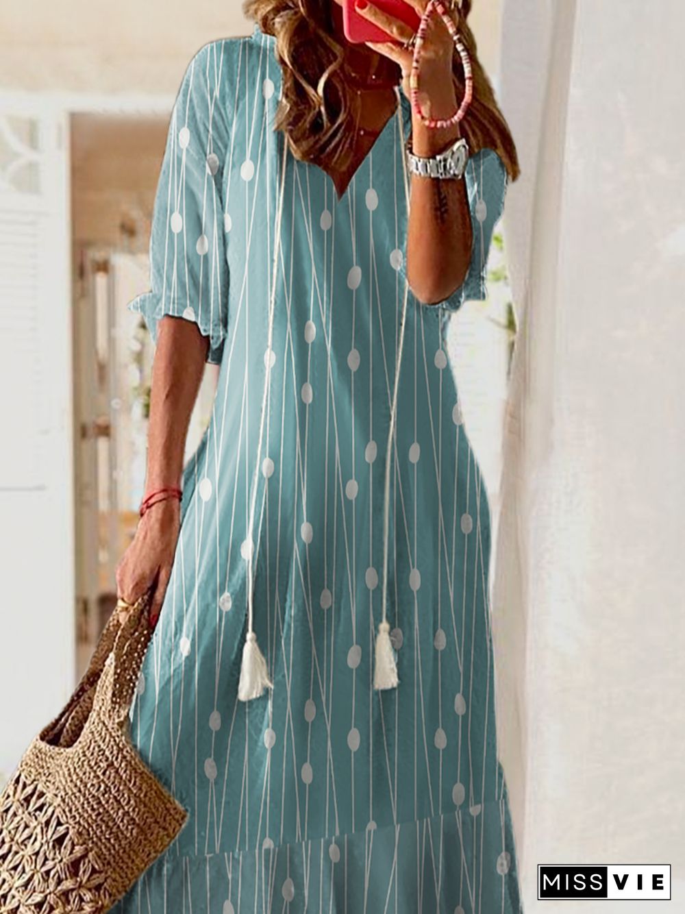 Plus size Geometric Printed V Neck Dresses