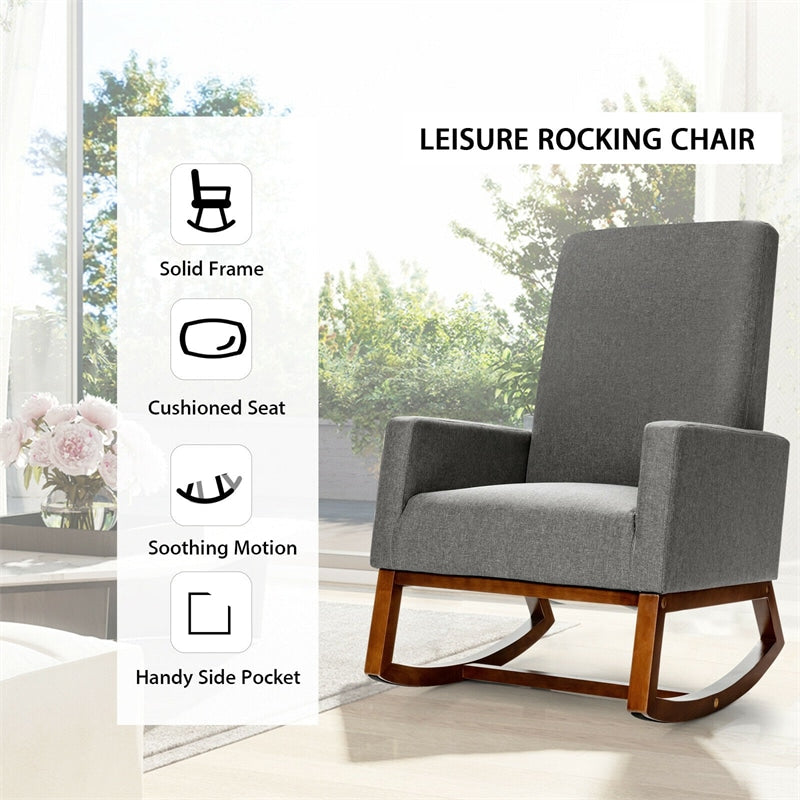 Upholstered Rocking Chair High Back Glider Rocker Chair Mid-Century Nursery Chair Modern Fabric Armchair with Wood Base