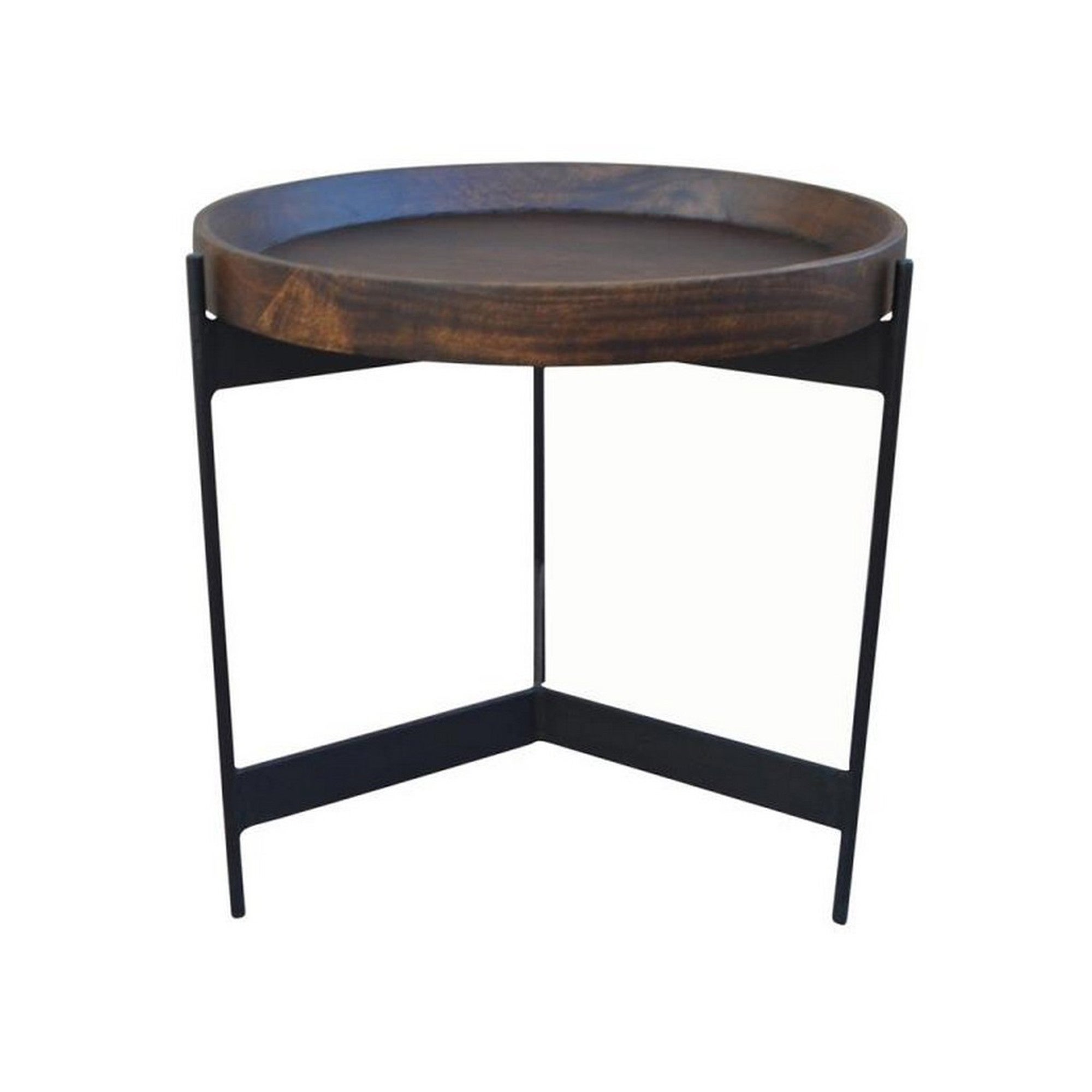 24 Inch Round Side Table， Dark Brown Mango Wood Tray Top， Black Iron Legs