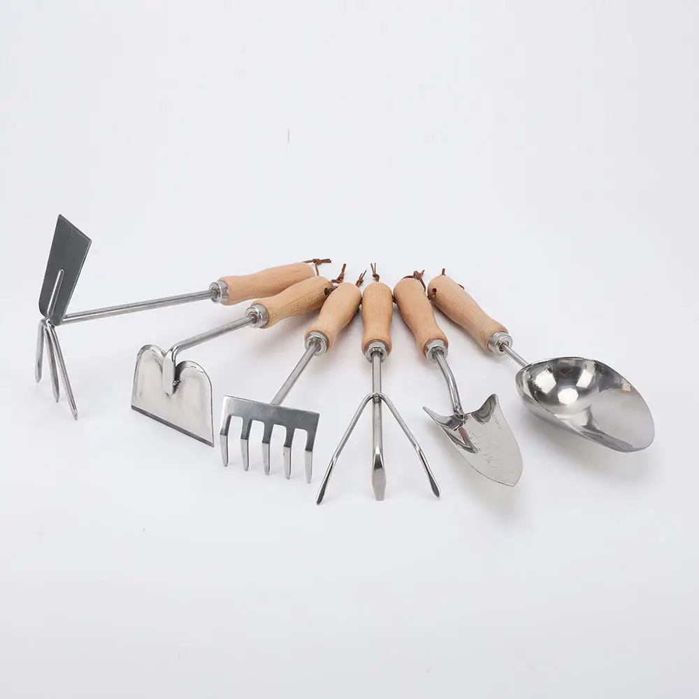 6 Pcs Garden Tools Multi function Stainless Steel Mini Hand Hoe with Wooden Handle