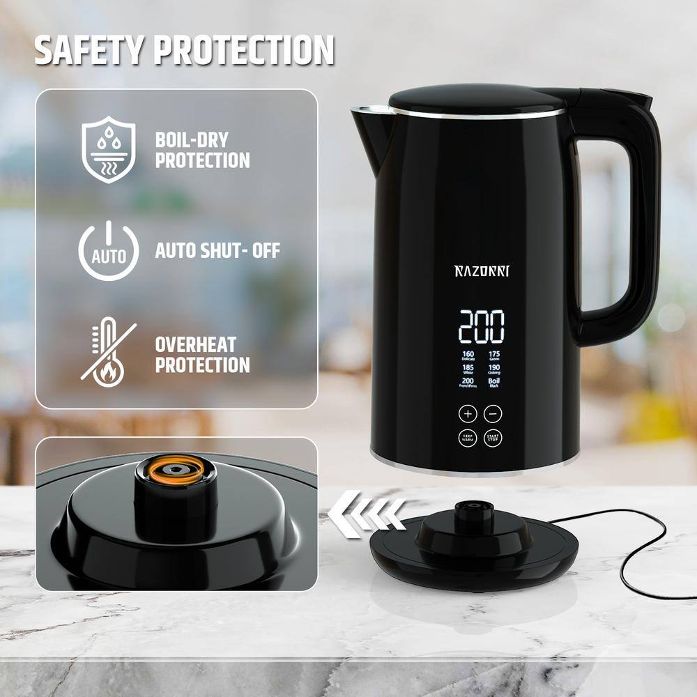 Razorri Premio 9-Cups Black Stainless Steel Interior Cordless Electric Kettle with BPA Free Exterior Smart Control New PDK17A