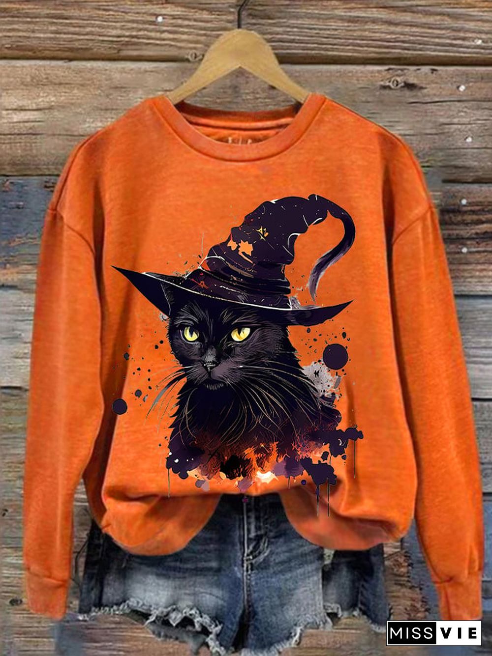 Women's Halloween Witches Cat Print Sweatshirt