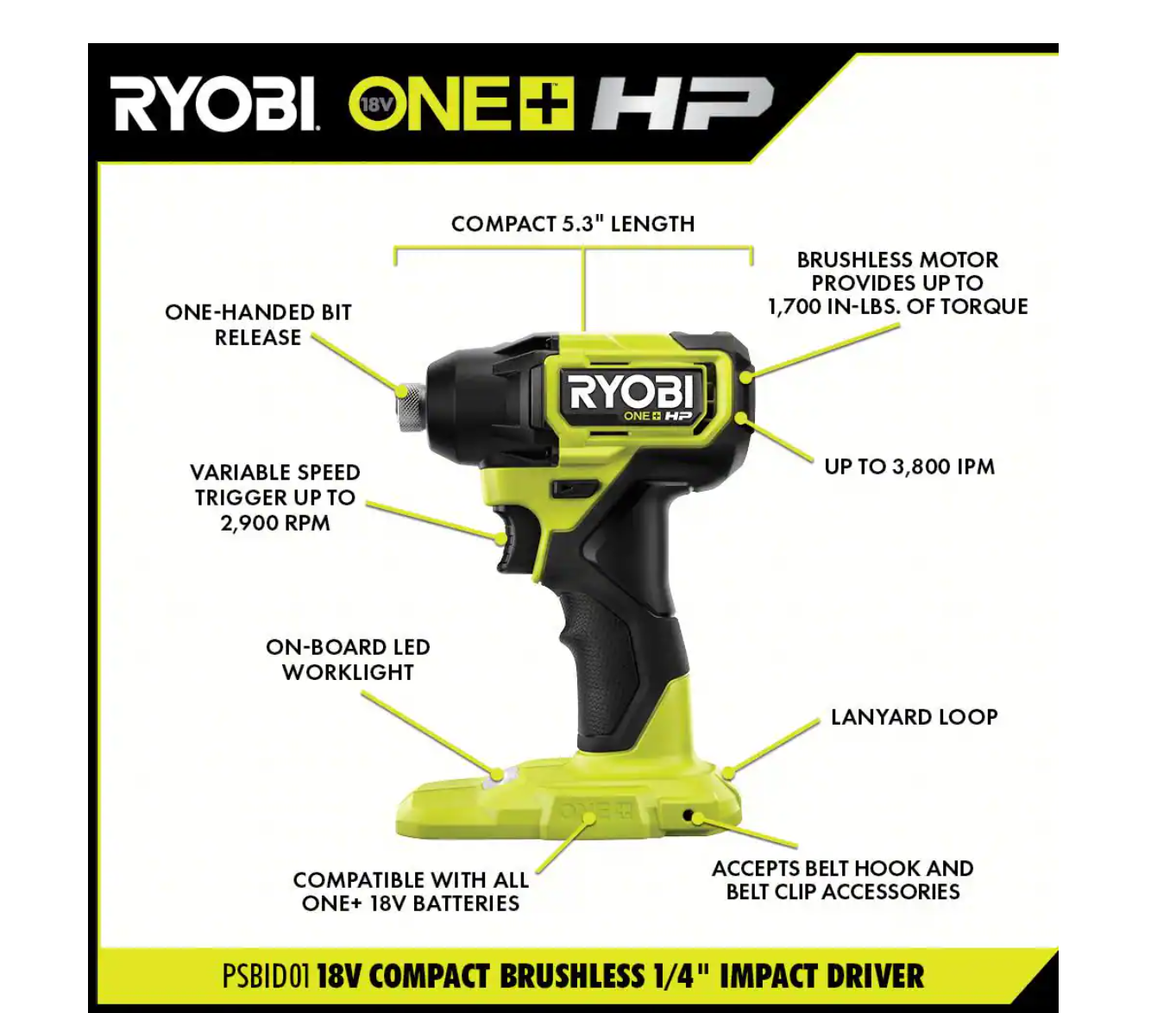 RYOBI PSBID01K-PSBRS01B ONE+ HP 18V Brushless Cordless Compact 1/4 in. Impact Driver and One-Handed Recip Saw Kit with (2) Batteries， Charger