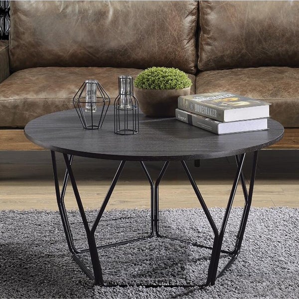 Wood Round Coffee Table With Metal Frame in Black