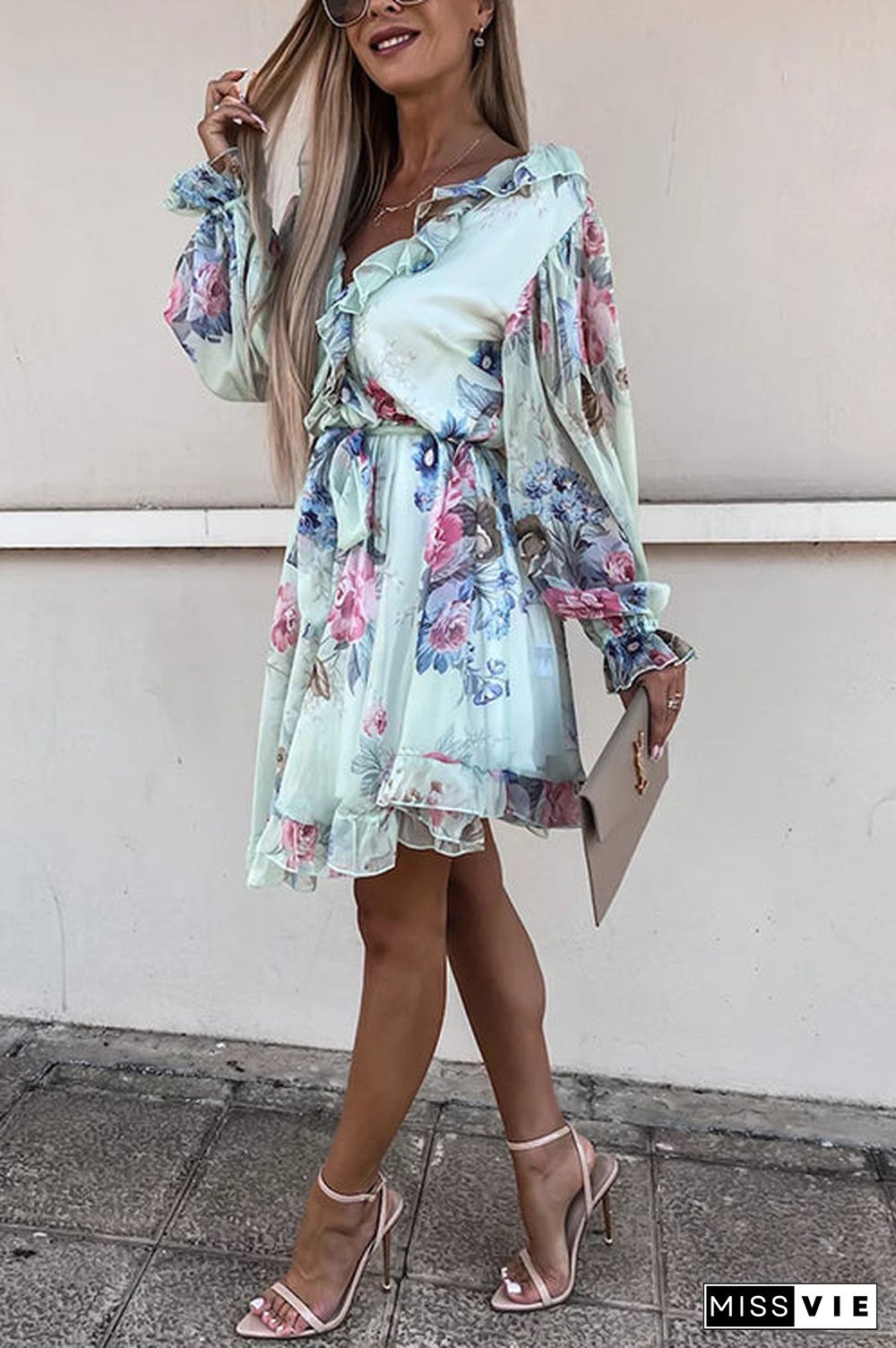 Ruffles Floral V Neck Long Sleeve Mini Dress