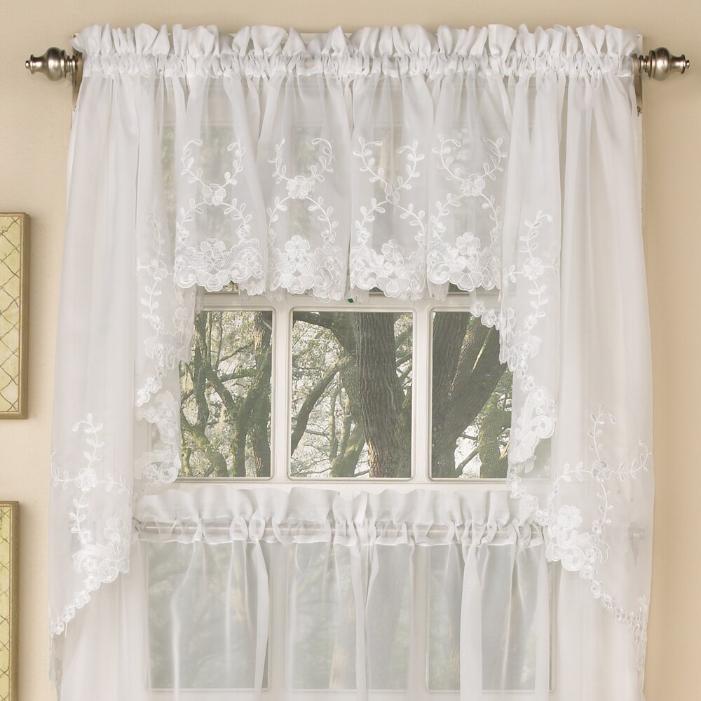 Sheer Voile Embroidered Scrolling Floral Leaf Pattern Window Curtain Pieces   Tiers  Valance and Swag Pair Options