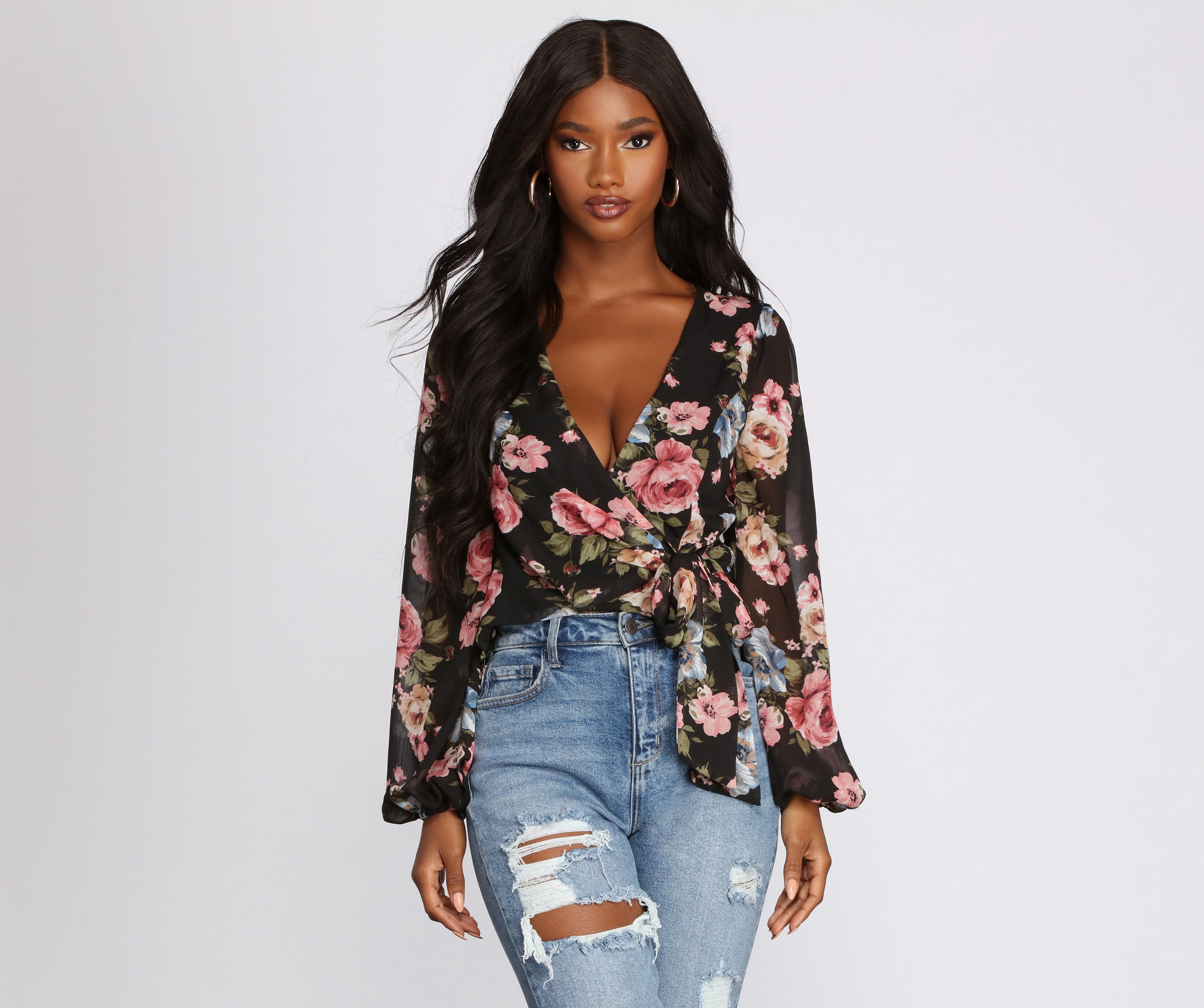 Floral Chiffon Wrap Front Blouse