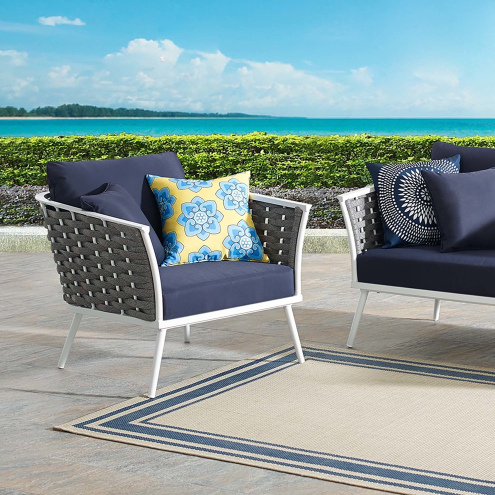 Stance Outdoor Patio Aluminum Armchair  White Navy   Midcentury   Outdoor Chaise Lounges   by Kolibri Decor  Houzz