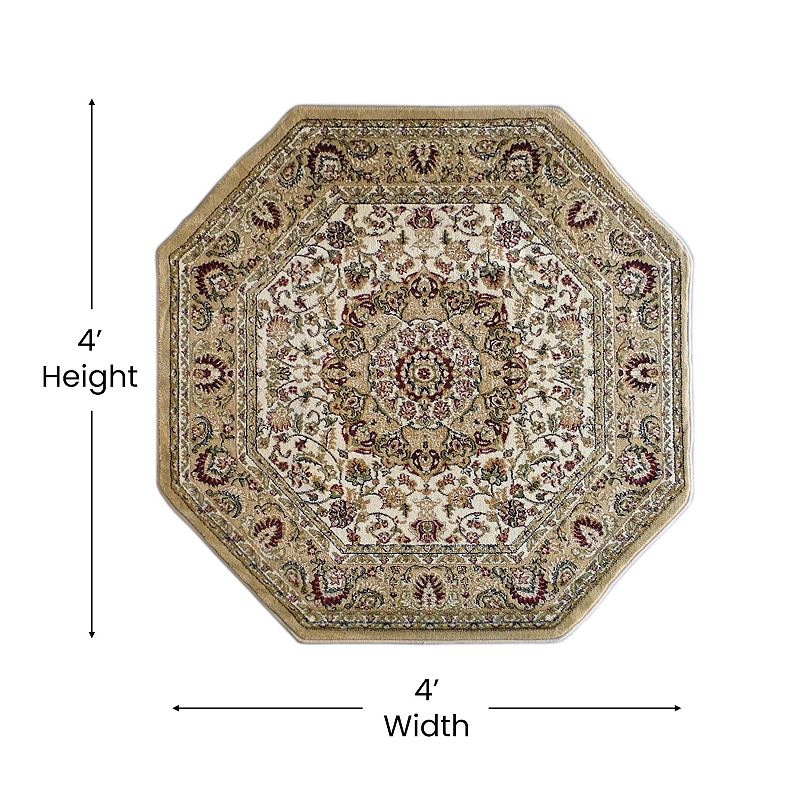 Merrick Lane Traditional Maidon 4' x 4' Persian Style Floral Medallion Motif Octagon Olefin Area Rug with Jute Backing in Ivory