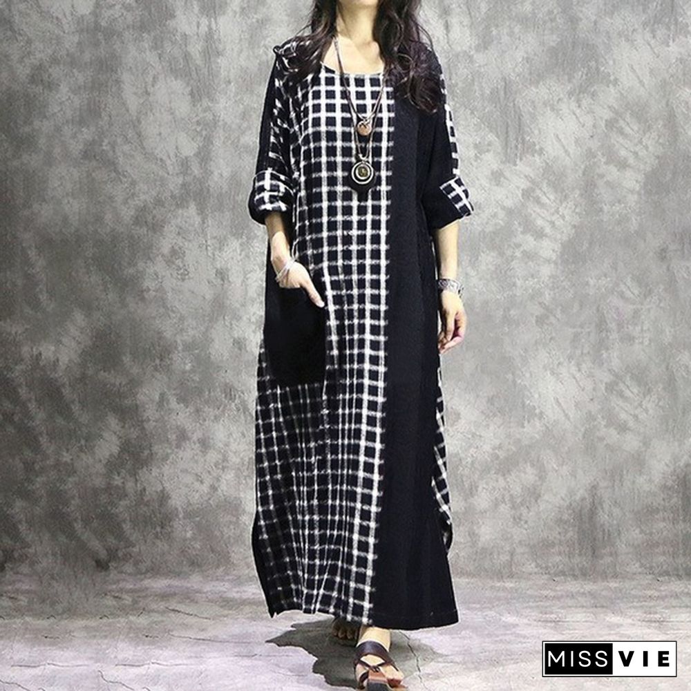 Zanzea Women Plaid Check Round Neck Long Sleeve Kaftan Baggy Patchwork Maxi Dress New Fashion