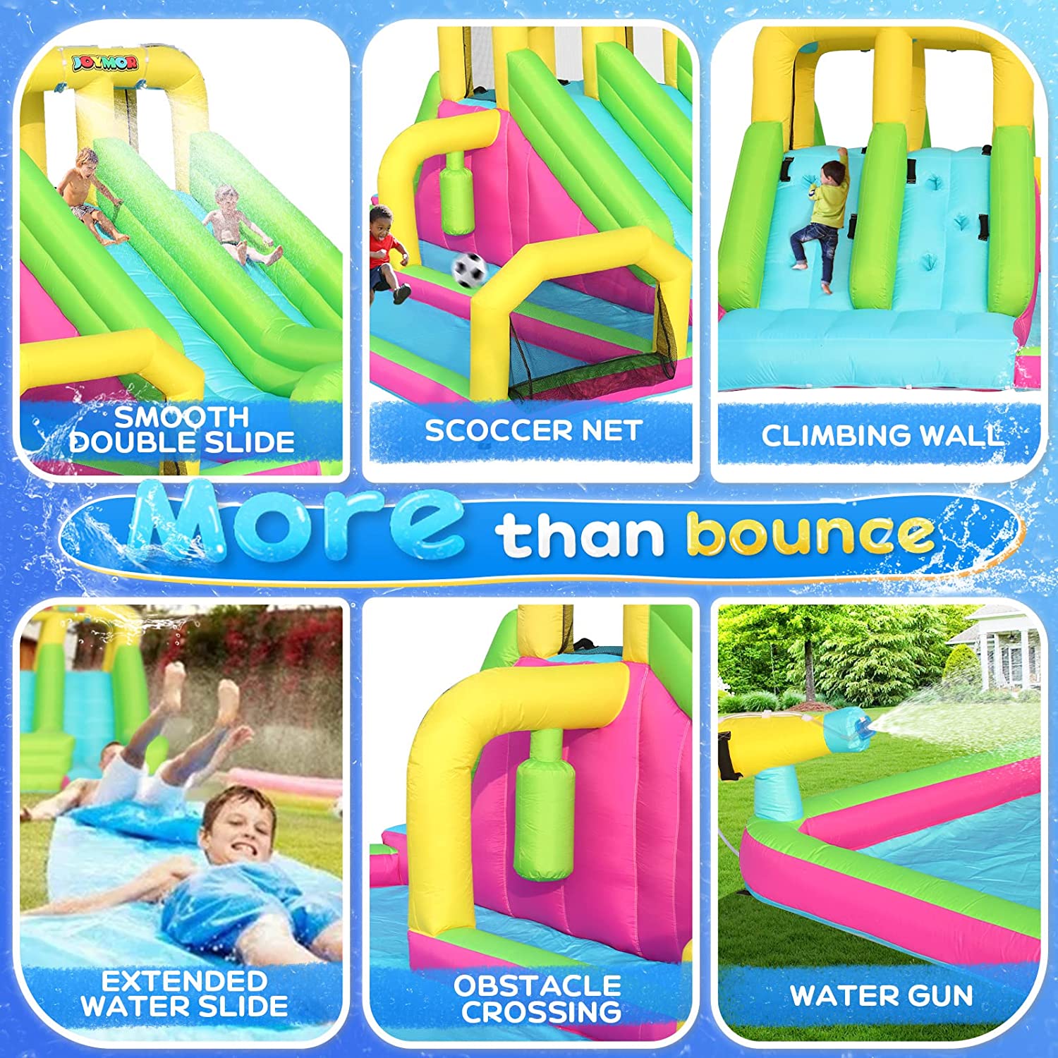 JOYMOR Inflatable Water Slide Park with 20FT Slip and Slides for Kids Backyard, Scoccer Net, Obstacle Course, Water Gun, Lawn Water Slide Summer Water Toy with Sprinkler w/Bodyboard & 750w Air Blower