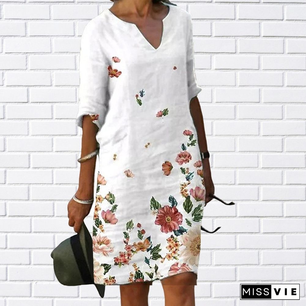 Spring Summer Autumn Women's Female Casual Loose V-Neck Flower Floral Print Mid-Sleeve Half Sleeve Dresses A-Line Dress Skirt Mini Dress Retro 3D Print Five-Point Vintage Sleeve Dress Plus Size Xs-8Xl