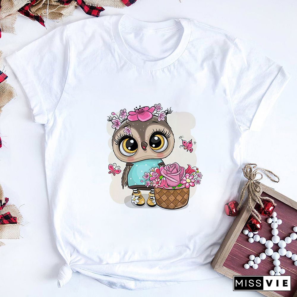 Gothic Women Cute Owl Printed T-Shirt All Seasons Fashion Thin Short Sleeve Tees Harajuku Casual Pink Top Female Clothing Tshirt