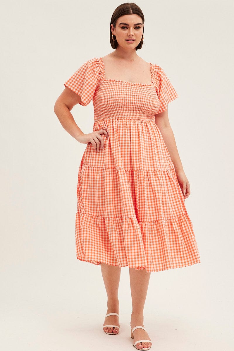 Check Midi Dress Off Shoulder Short Sleeve
