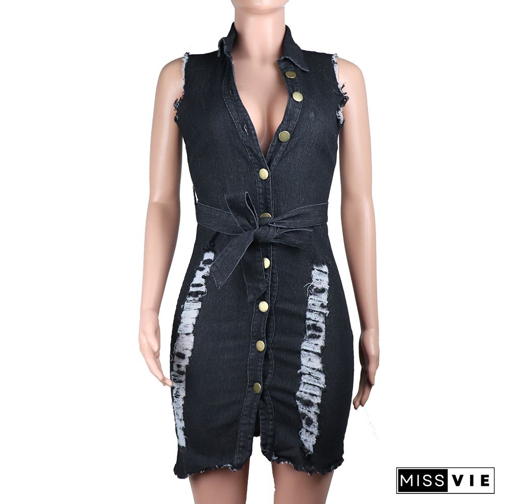 Casual High Street Women Summer Sleeveless Ripped Hole Straight Knee Length Denim Midi Dress