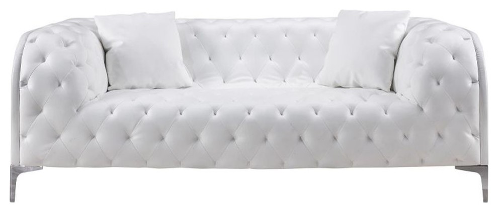 Leatherette Upholstered Tufted Loveseat With Accent Pillows  ampSteel Feet  White   Contemporary   Loveseats   by VirVentures  Houzz