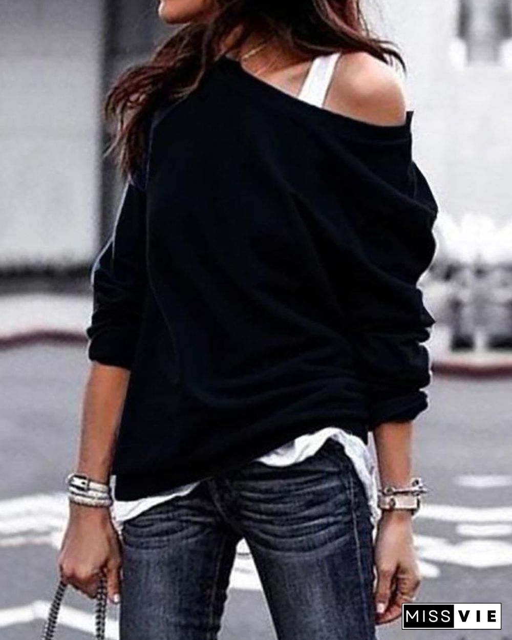 Solid Skew Neck Long Sleeve Casual T-Shirt P15279