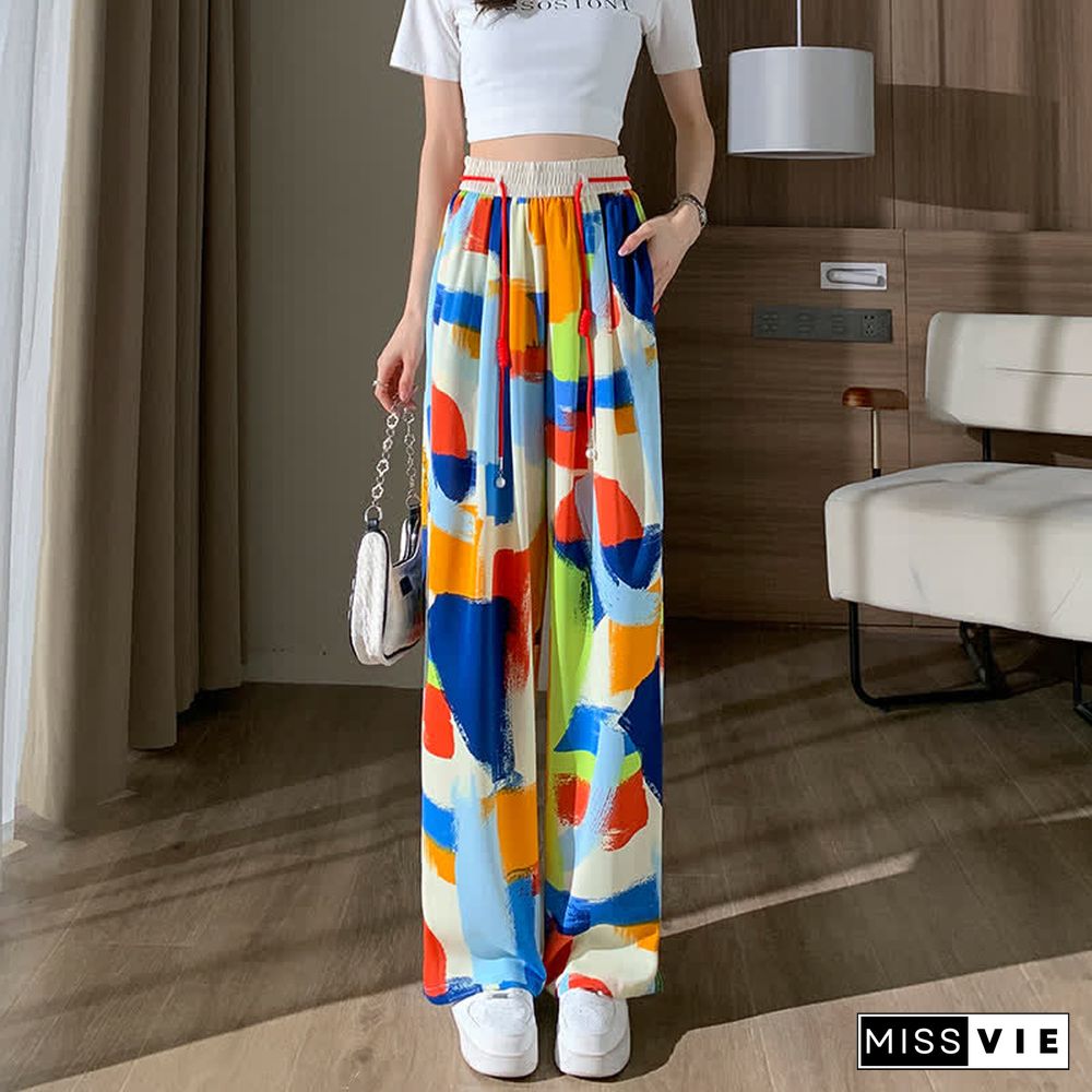 Colorblock High Waist Wide Leg Casual Pants