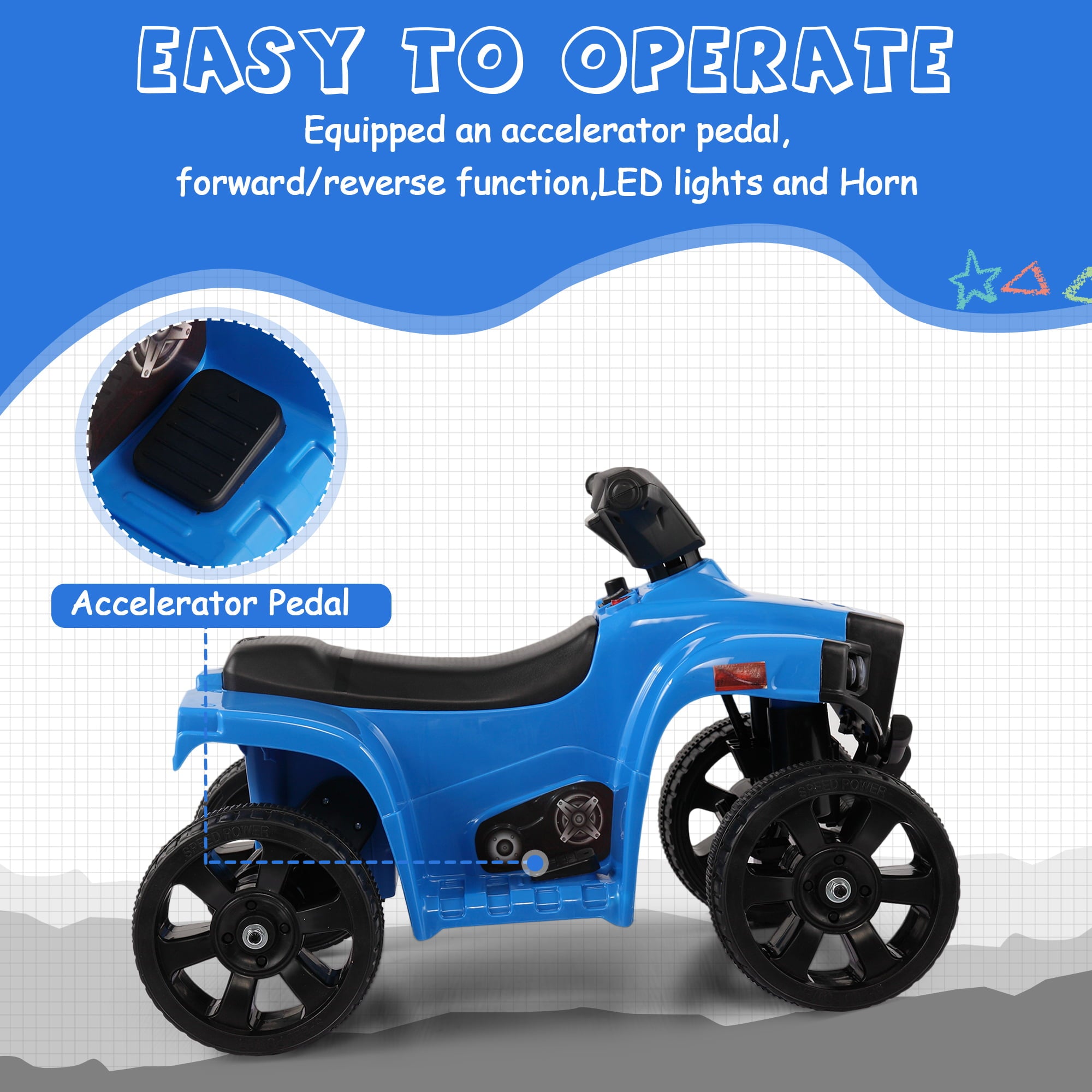 TOBBI 6V Electric Kids Ride on ATV Quad Car 4 Wheeler Ride on Toy W/ LED Headlight, Horn, Speed Indicator, Blue