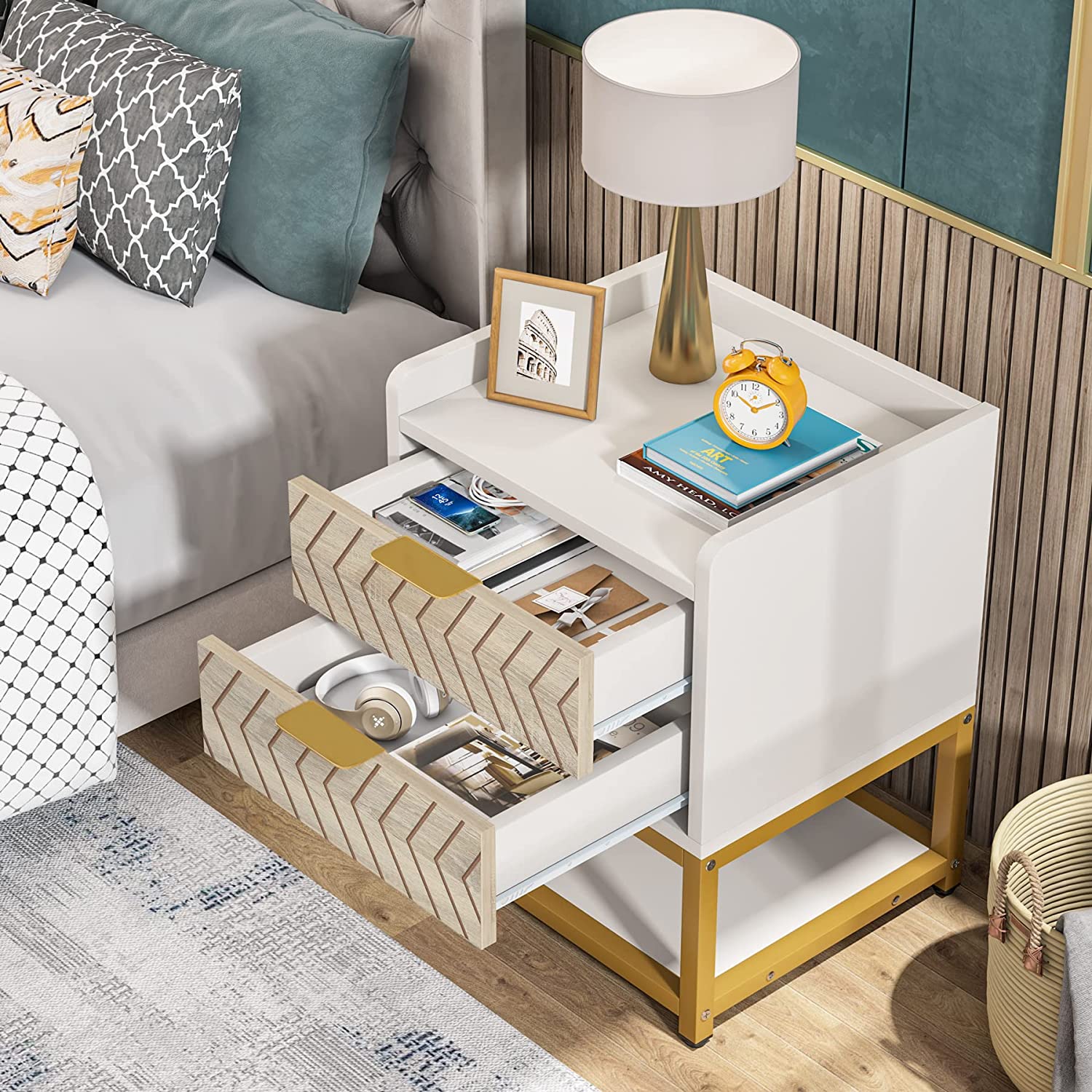 Tribesigns Modern Nightstand with 2 Drawers, Bedrooms Bedside Table, Side End Table for Living Room, White & Gold