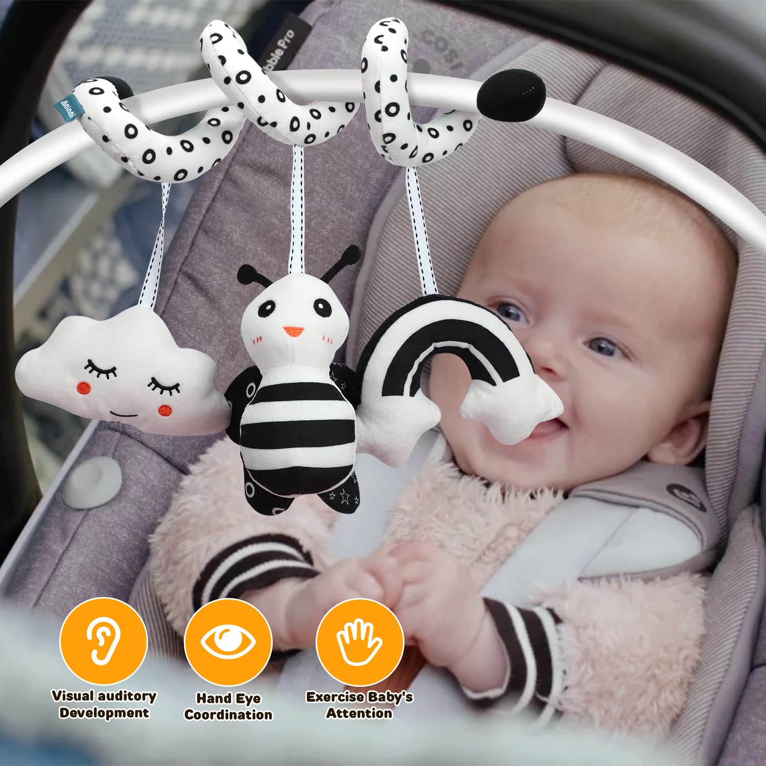 TOY Life 2 Pack Hanging Baby Toys 0-6 Months, Car Seat Toys for Babies 0-6 Months, Crib Toys Hanging Newborn Toys Black and White Hanging Stroller Activity Toy for Babies, Infant Carseat Toys