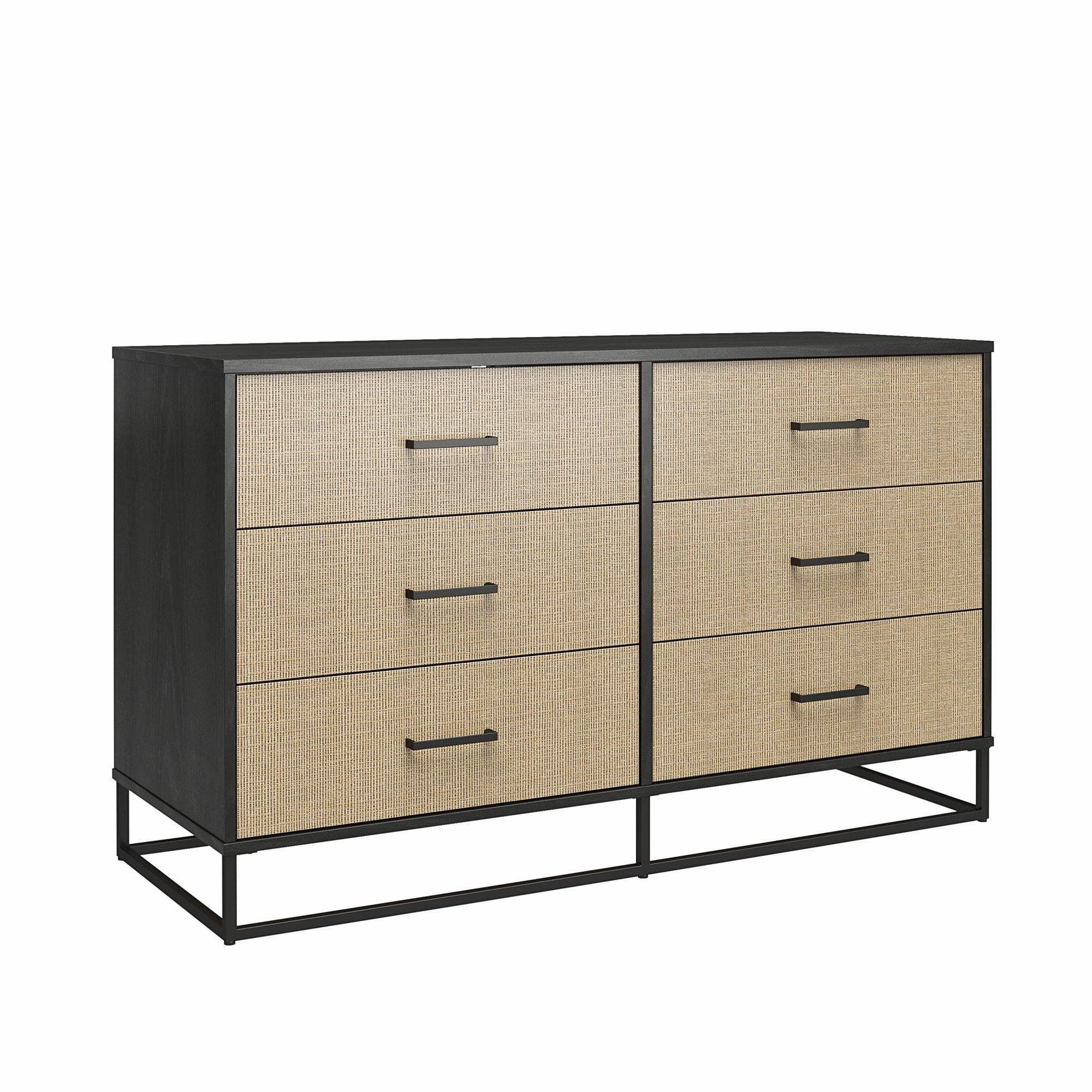 Novogratz Kelly 6 Drawer Dresser, Faux Rattan & Black Oak