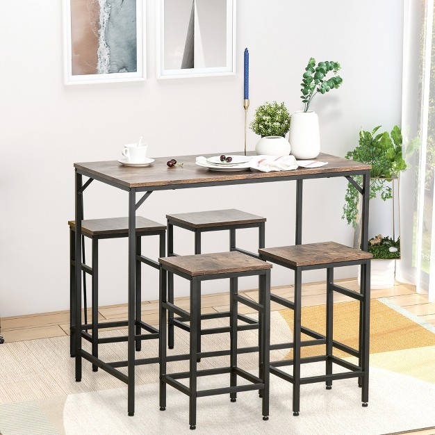 Gadgsetstore 5 piece Industrial Dining Table Set Bar Table amp 4 Stools Set Space Saving For Pub amp Kitchen Black brown