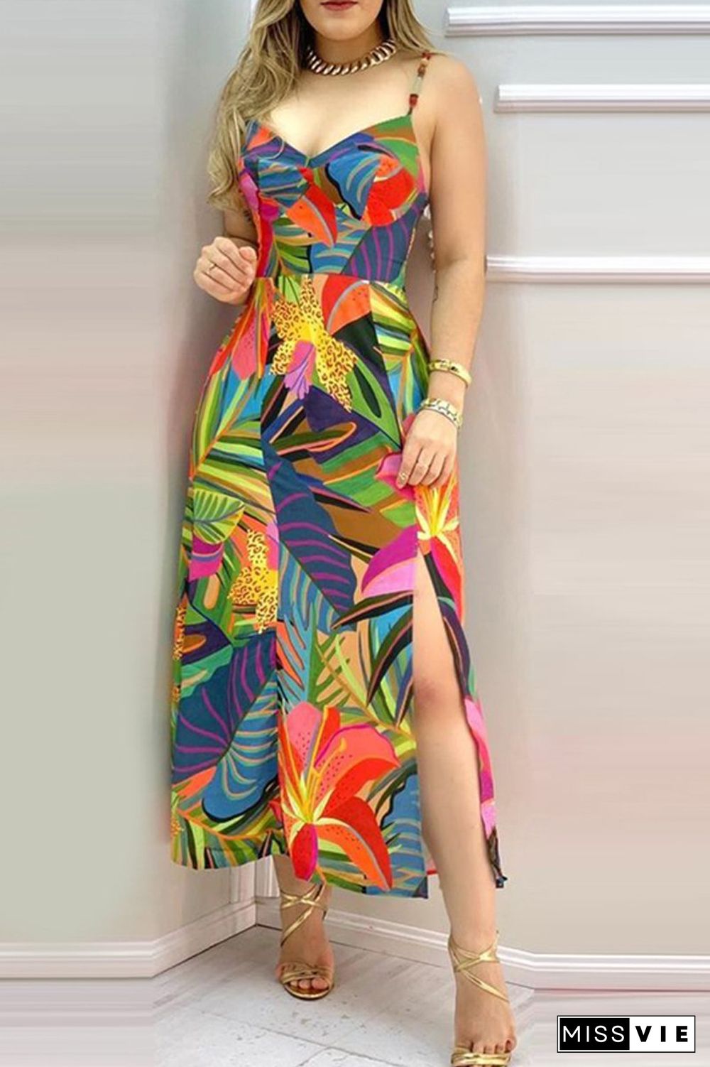 Elegant Multicolor Printed Slit Dress