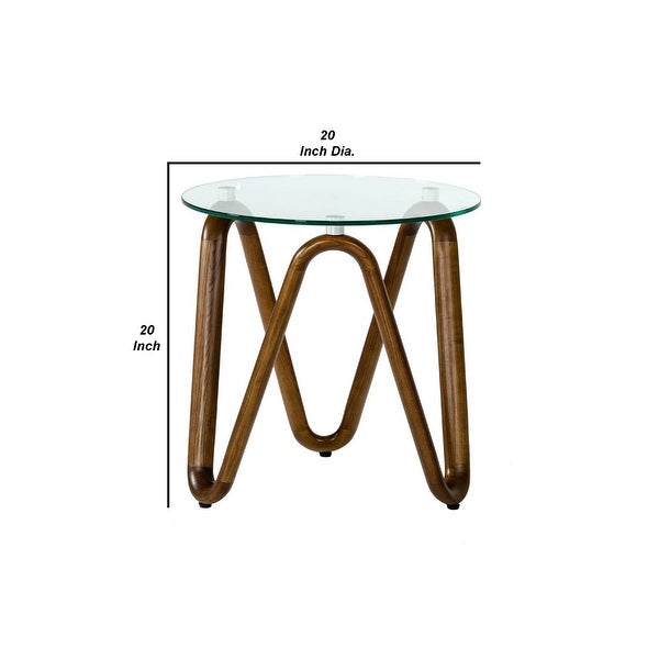 Cid 20 Inch Modern End Side Table， Glass Top， Artisanal Wavy Base， Walnut