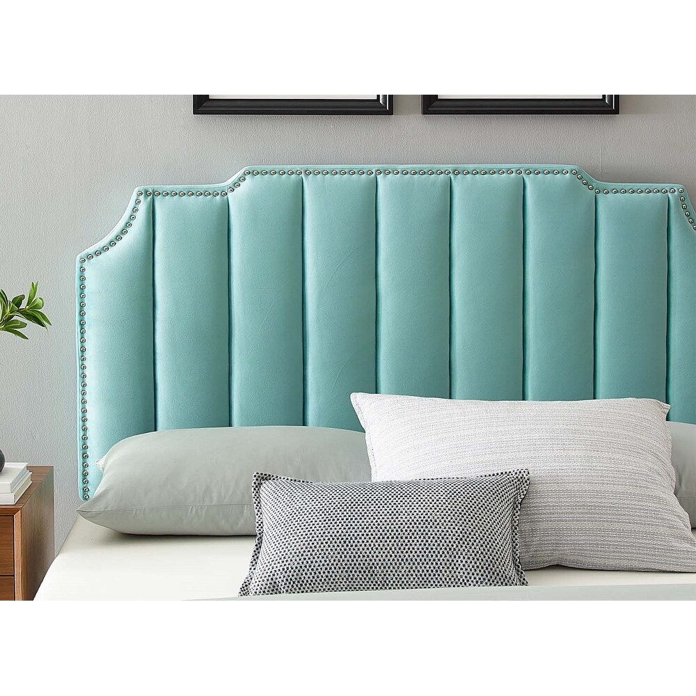 Littleton Channel Tufted Light Green Velvet Upholstered Twin Size Headboard with Nailhead Trim