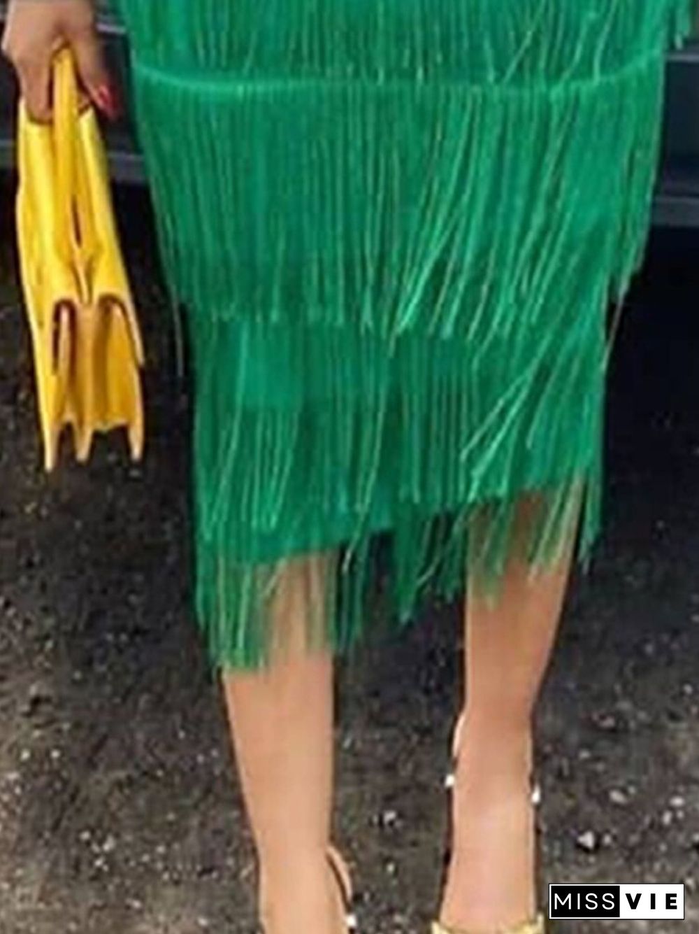 Green Fringe Bodycon Pencil Skirts Tassel High Waist Women Stretch Sheath Midi Length Ladies Slim Jupe Saias Faldas Big Size