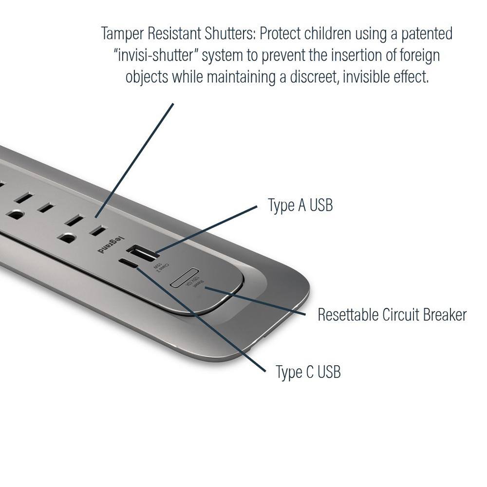 Legrand Wiremold ModPower 3 ft. Cord Magnesium 3-Outlet Middle Unit Integrated Recessed Power Strip with USB AC MDCF3-MG