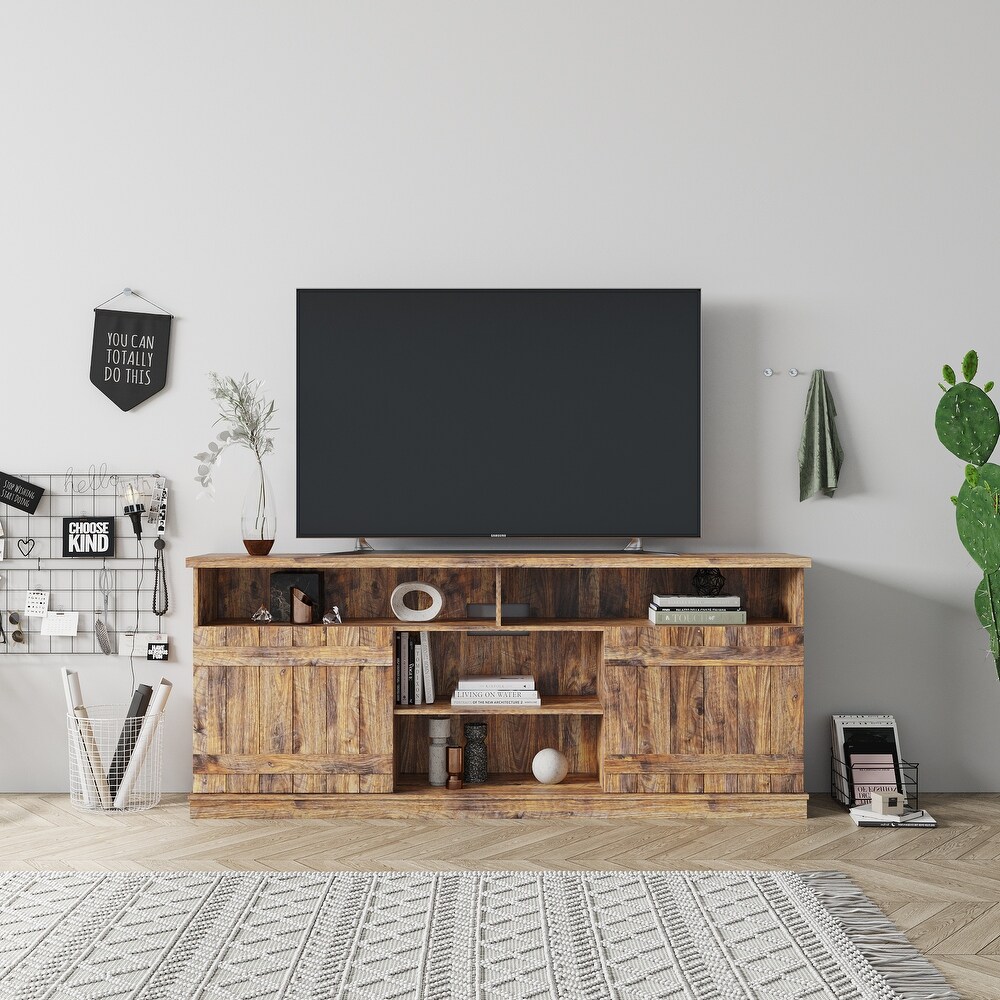 Modern Wood TV Stand with 2 Cabinets and 3 layers of Open Shelves