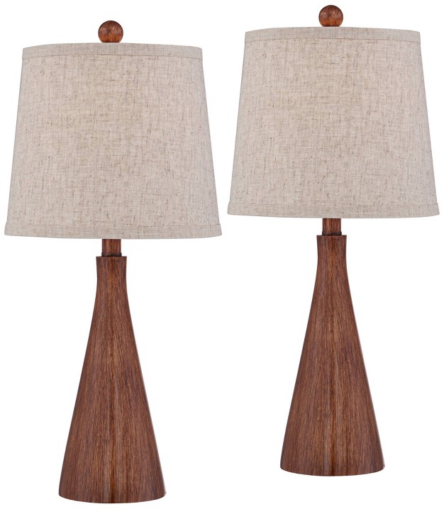 High Cone Small Mid Century Modern Accent Table Lamps Set Of 2 Brown Wood Finish Living Room Bedroom Oatmeal Shade