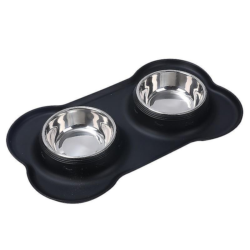 Dog Cat Double Bowl Less Steel Bowl Non-slip Base Anti-overflow Anti-spill Silic Mat