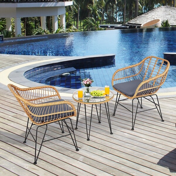 Costway 3PCS Patio Rattan Bistro Furniture Set Cushioned Chair Table