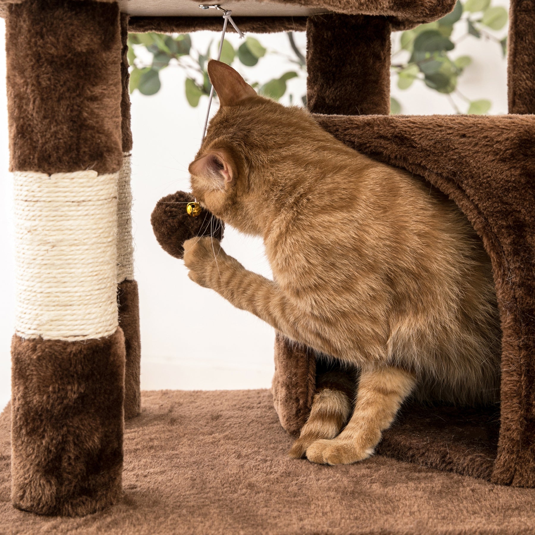 Quuzee 51.6-in Cat Tree Tower with Double Condo,Scratching Post Hammock, Brown