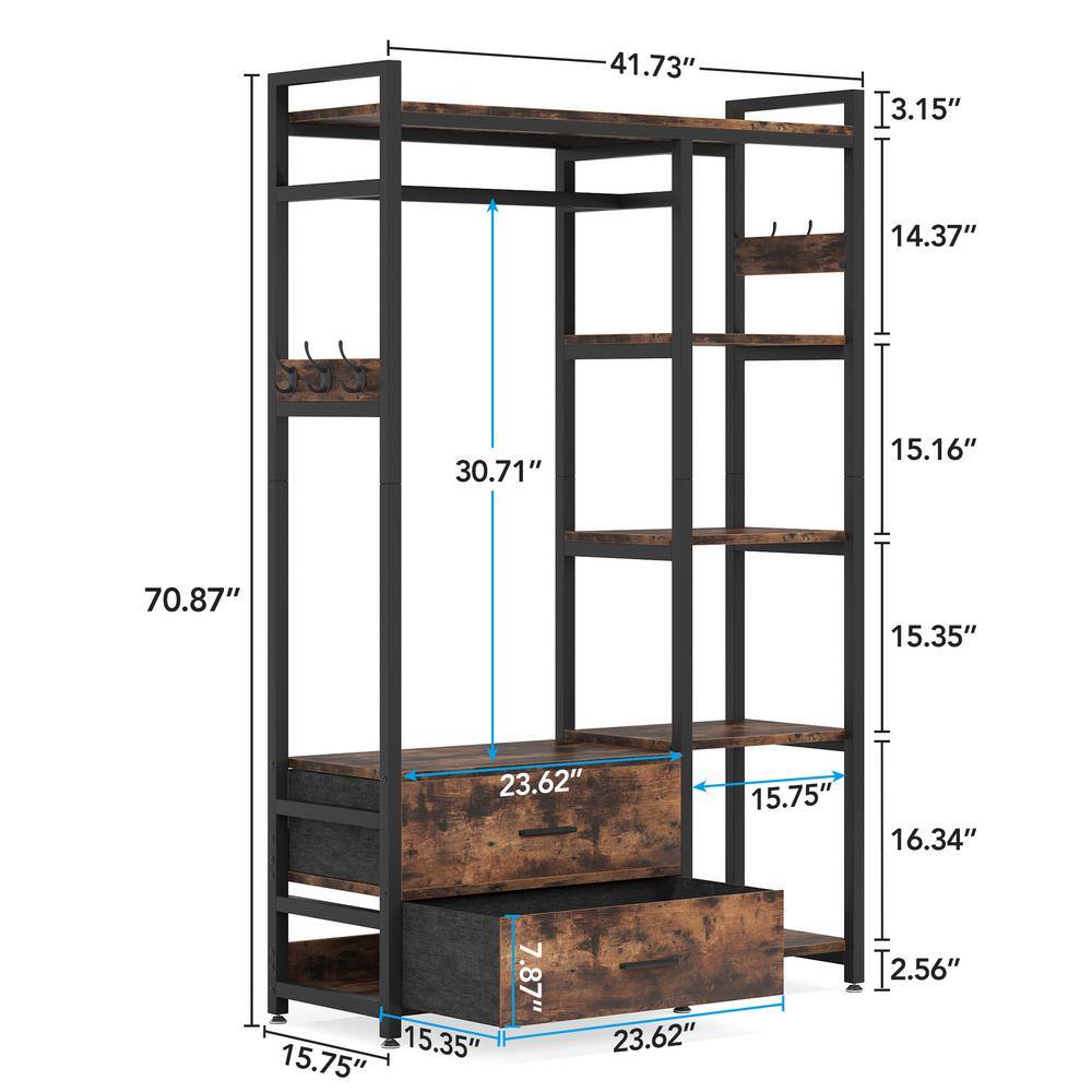 BYBLIGHT Carmalita Rustic Brown Freestanding Closet Organizer Clothes Rack with Drawers and Shelves Heavy Duty Garment Rack BB-F1546XF