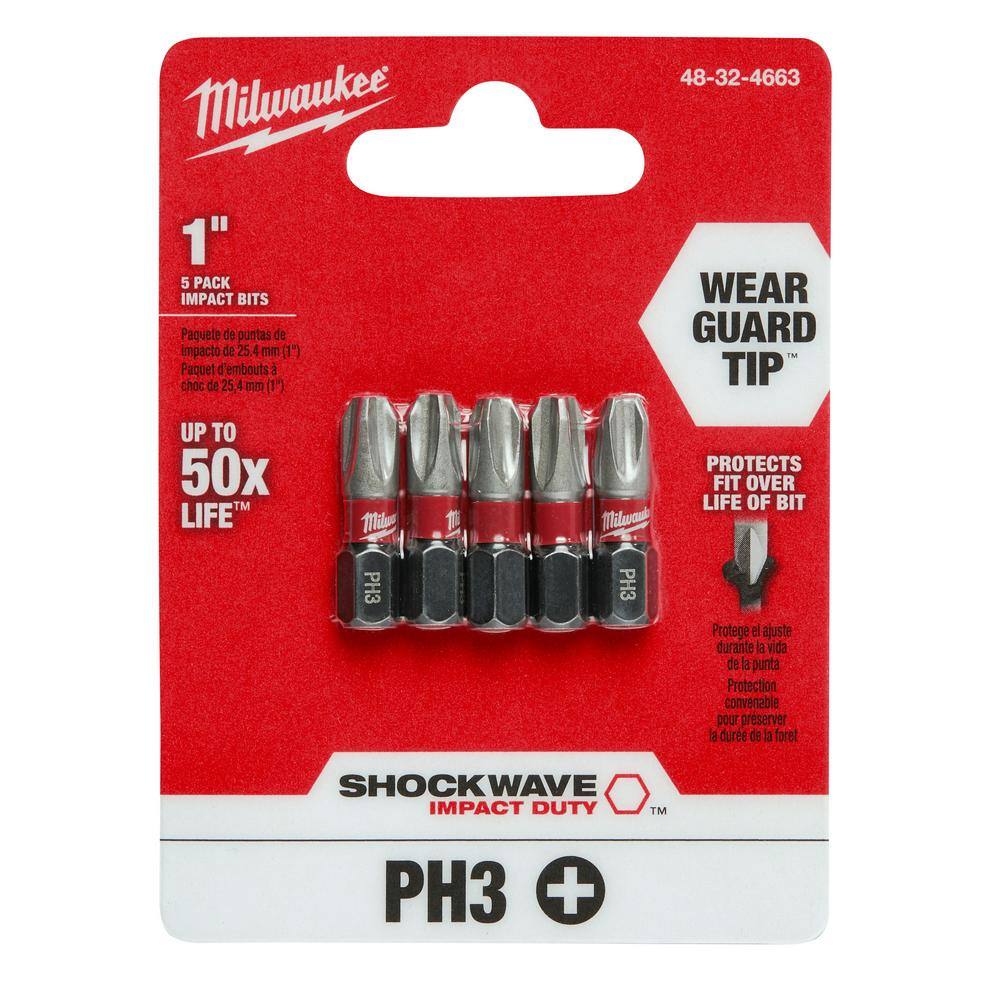 MW SHOCKWAVE Impact Duty 1 in. Phillips #3 Alloy Steel Insert Bit (5-Pack) 48-32-4663