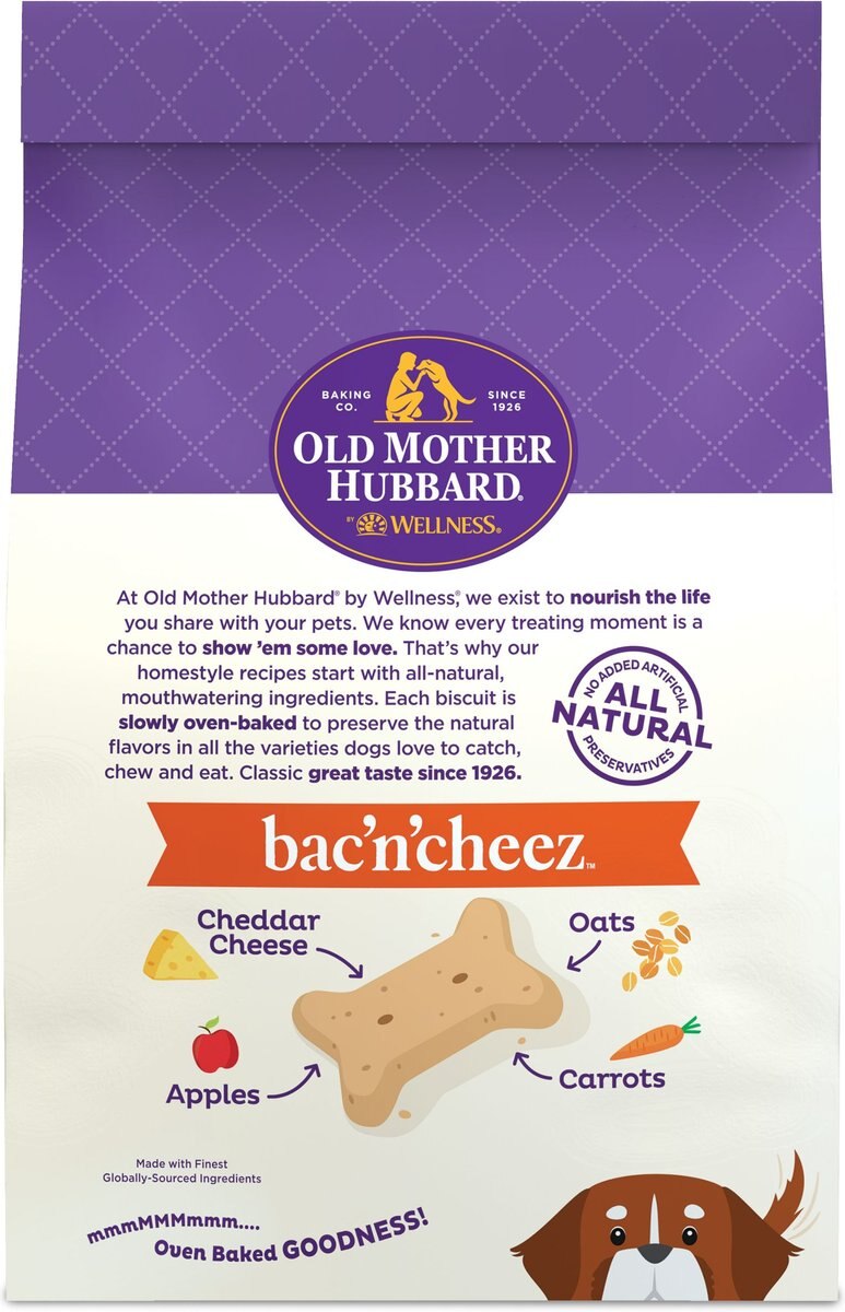 Old Mother Hubbard by Wellness Classic Bac'N'Cheez Natural Large Oven-Baked Biscuits Dog Treats， 3.3-lb bag